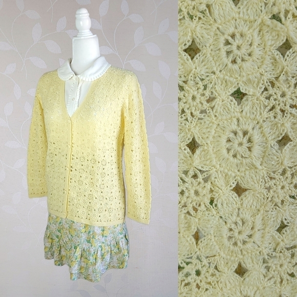 Vintage 70s Crochet Wool Cardigan Yellow Floral Knit Cottagecore Coquette Fairy - Picture 1 of 16